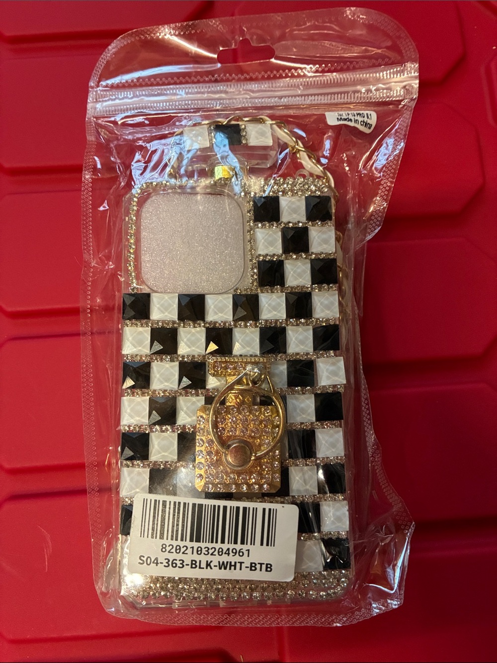 Source Unknown Black & White Checkered Rhinestone Phone Case with Gold Ring